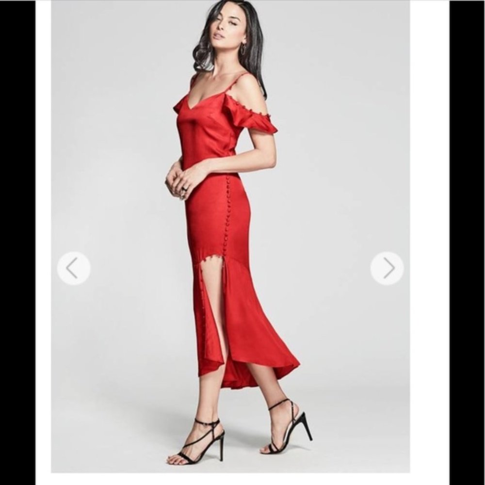 marciano $300 covered button red maxi dress